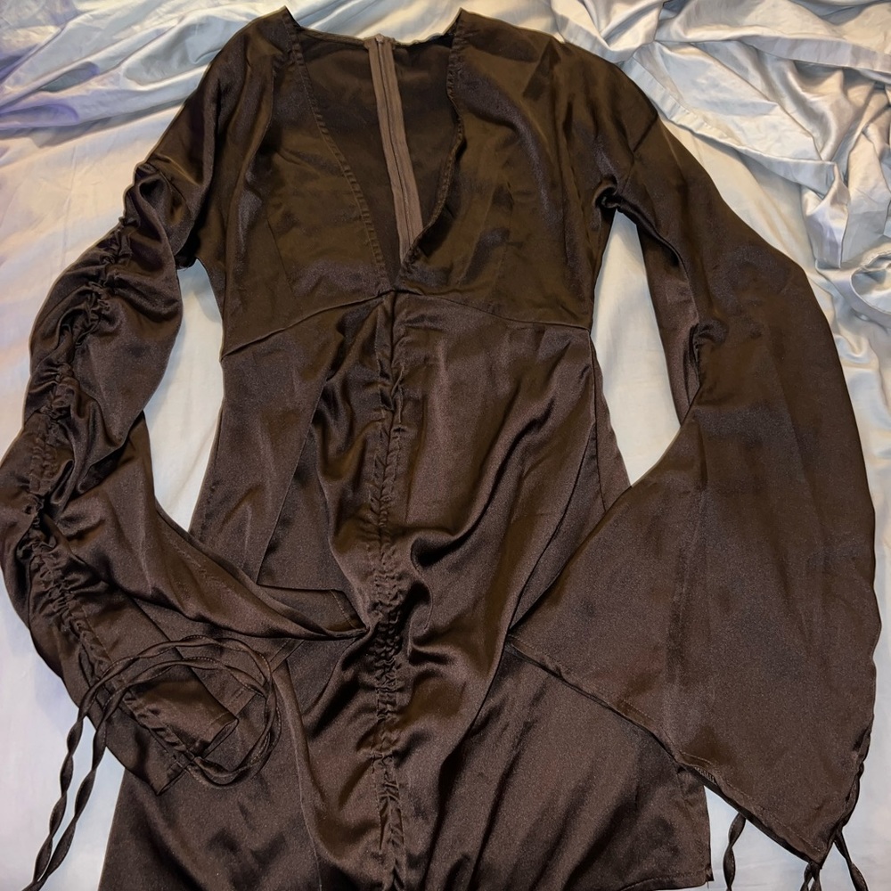 PLT brown satin v neck dress